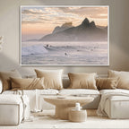 Sunset Surfing Wall Art Canvas Print, Framed Misty Mountains and Surfer Riding a Wave