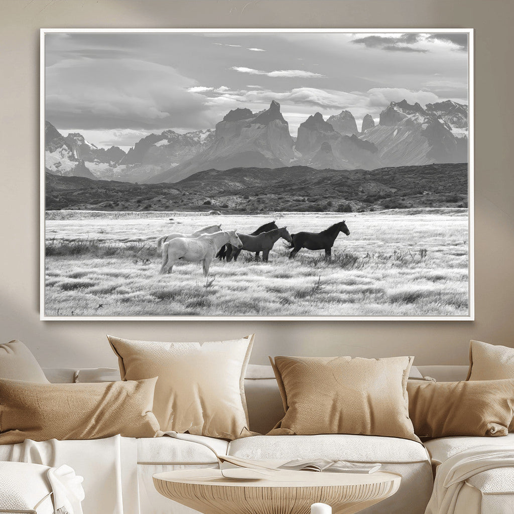 Wild Horses Wall Art | Framed Black White Mountain Canvas