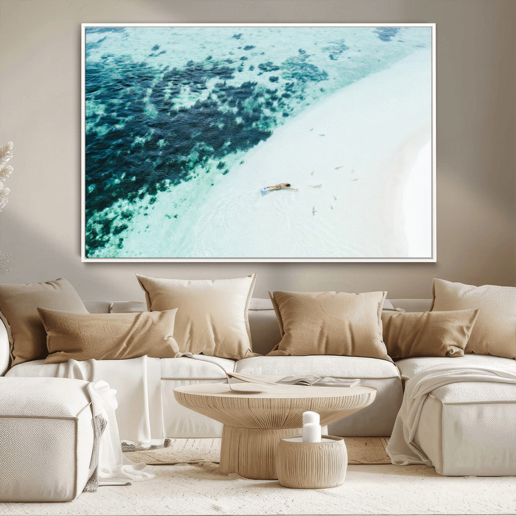 Minimal Beach Wall Art | Framed Ocean Swimming Canvas