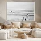 Surfer Silhouette Wall Art, Framed Calm Ocean Monochrome Surf Canvas Print