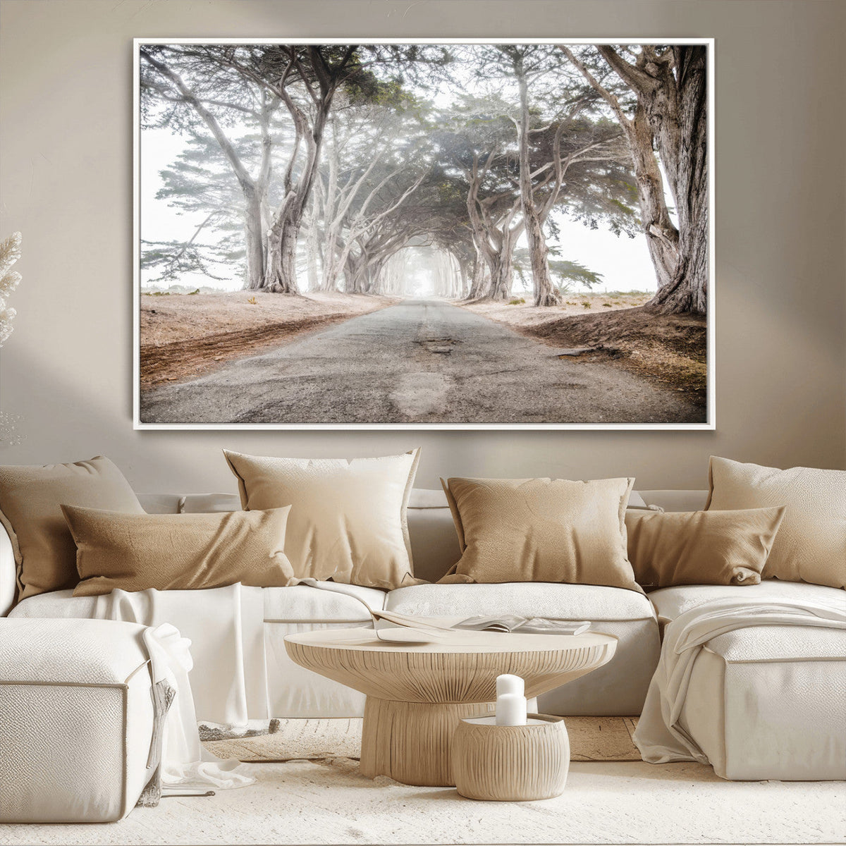 Cypress Tunnel Wall Art | Framed Misty Road Canvas Artwork
