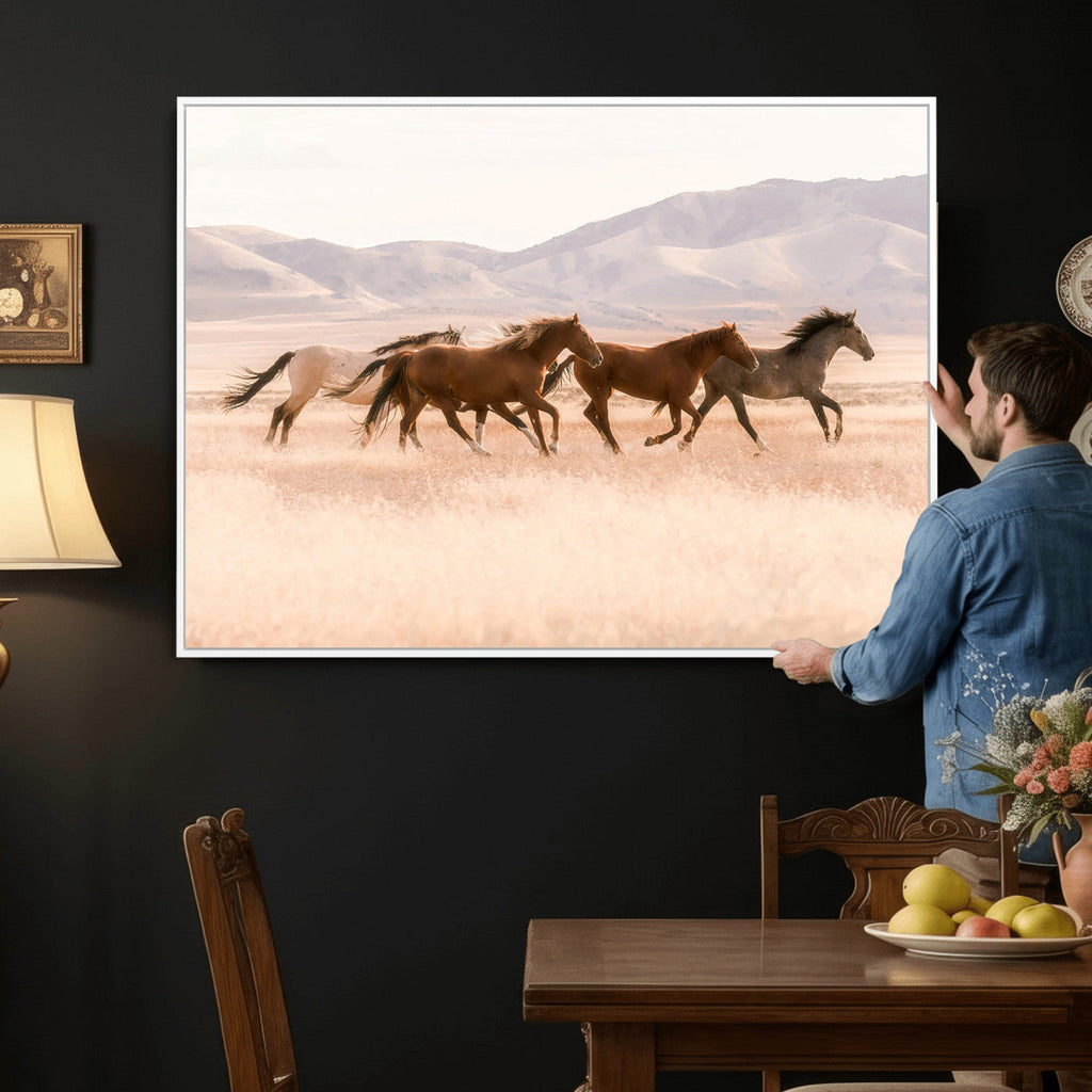 Wild Horse Wall Art Canvas Print, Framed Rustic Western Art, Desert Horse Scene