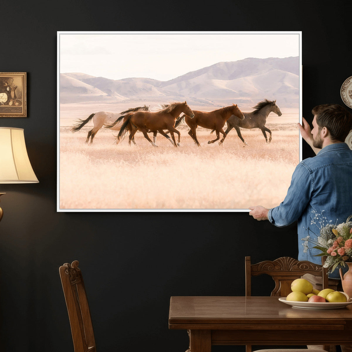 Wild Horse Wall Art Canvas Print, Framed Rustic Western Art, Desert Horse Scene