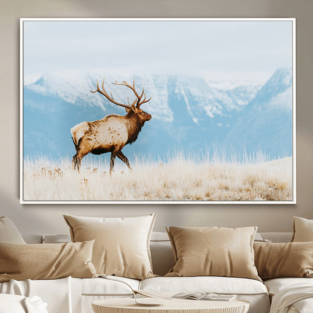 Mountain Elk Wall Art Canvas Print, Framed Rustic Wildlife Art, Lodge Style Decor