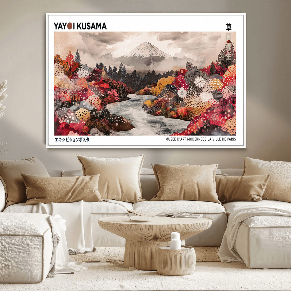 Modern Japanese Wall Art Canvas Print, Framed Abstract Mount Fuji Art, Yayoi Kusama Japanese Landscape