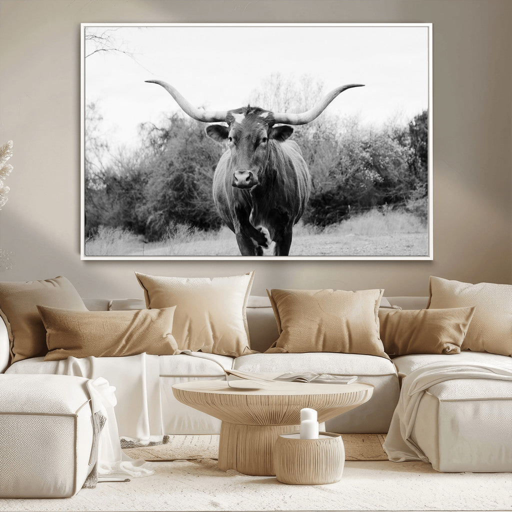 Longhorn Photography Wall Art Canvas Print, Framed Western Cow Texas Ranch Decor