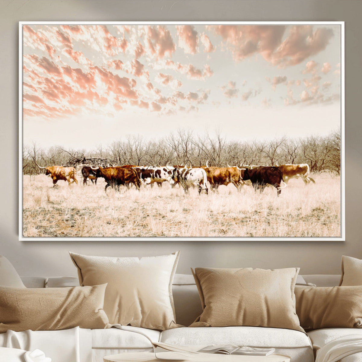 Country Cow Herd Wall Art Canvas Print, Framed Farmhouse Cattle Scene, Rustic Ranch Decor