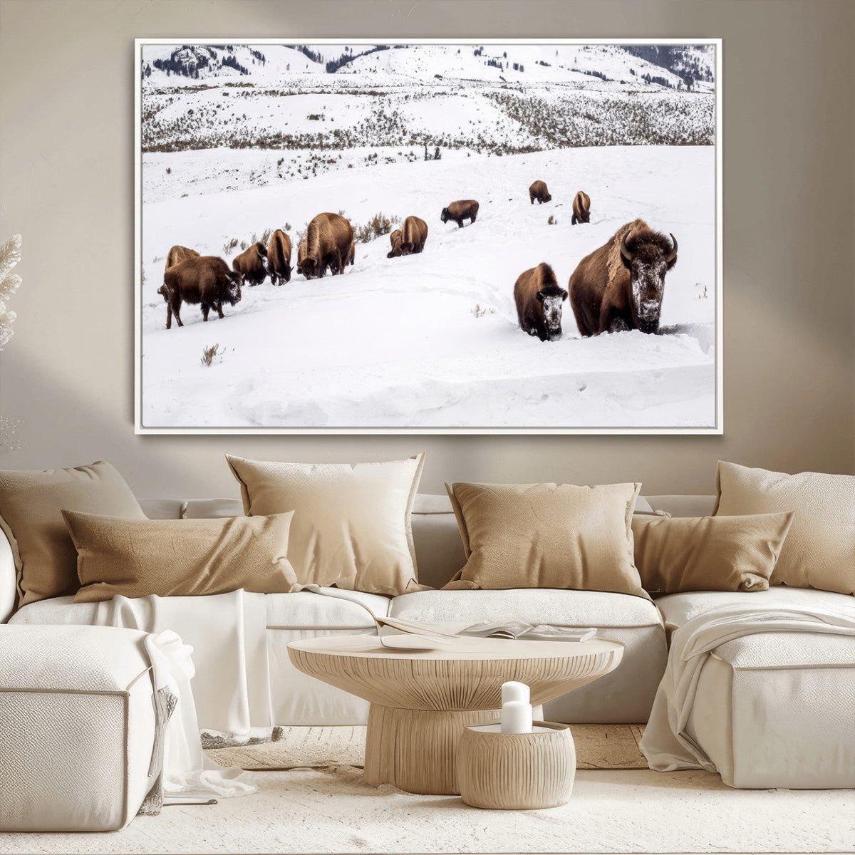 Bison Herd Wall Art Canvas Print, Framed Western Wildlife Decor, Snowy Mountain Valley