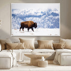 Bison Snow Wall Art Canvas Print, Framed Wildlife Scene, Western Ranch Style Decor