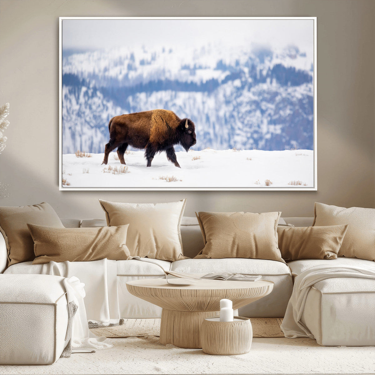 Bison Snow Wall Art Canvas Print, Framed Wildlife Scene, Western Ranch Style Decor