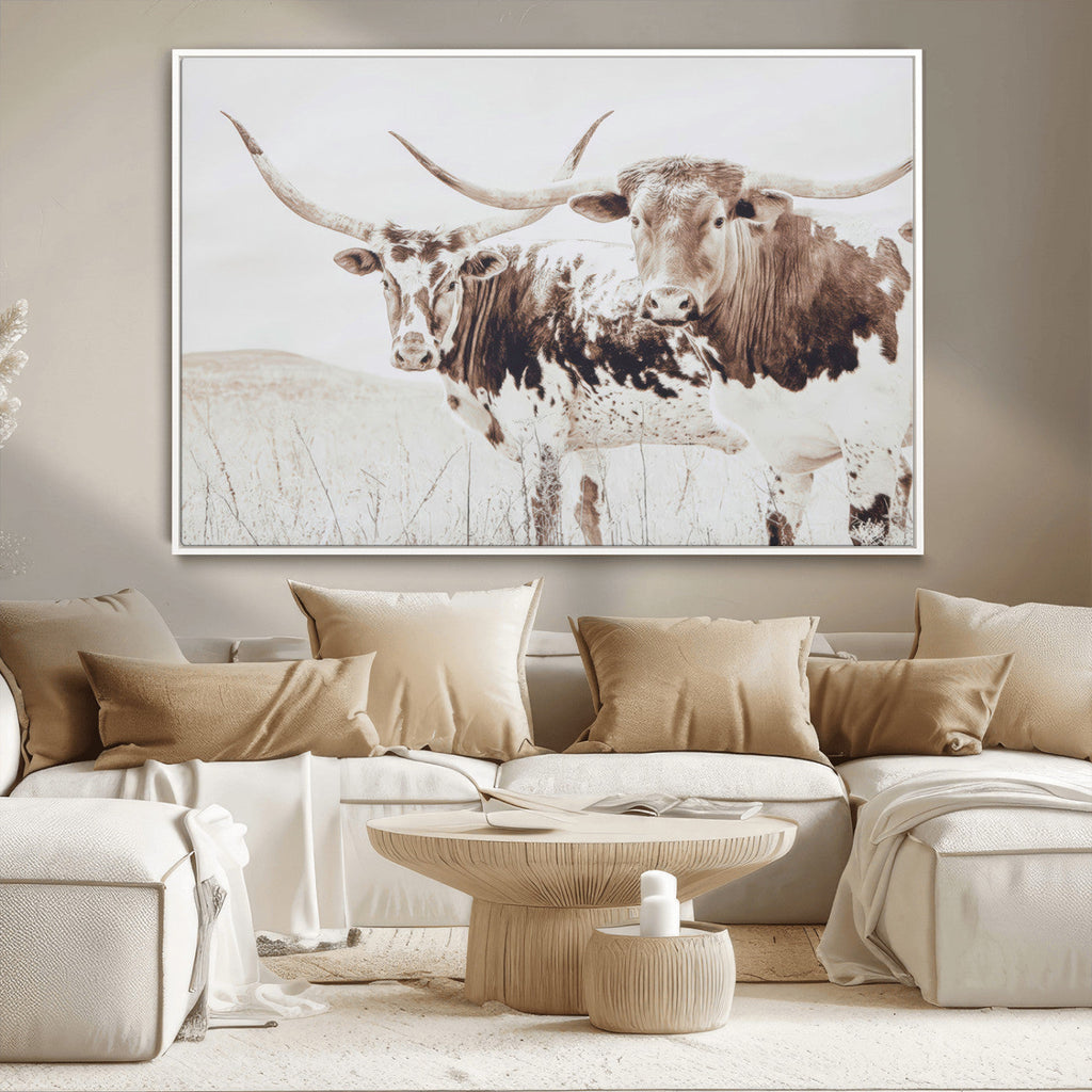 Longhorn Cow Wall Art Canvas Print, Framed Rustic Cattle Art, Sepia Western Decor