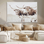 Longhorn Cow Wall Art Canvas Print, Framed Rustic Cattle Art, Sepia Western Decor