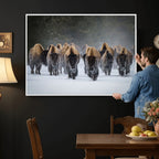 Bison Herd Wall Art Canvas Print, Framed Rustic Wildlife Decor, Snowy Bison Landscape