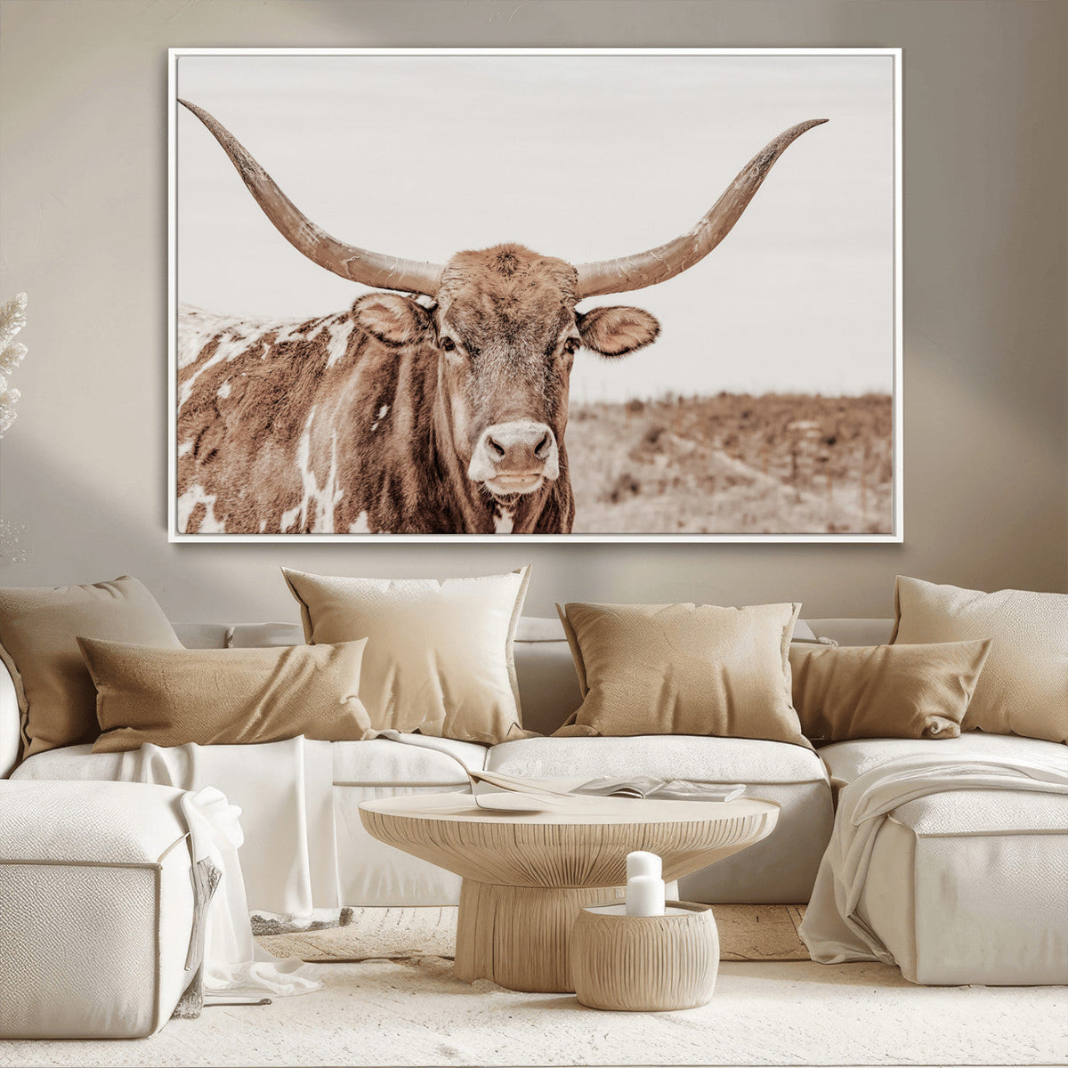 Longhorn Bull Wall Art Canvas Print, Framed Rustic Cow Decor, Neutral Farmhouse Style