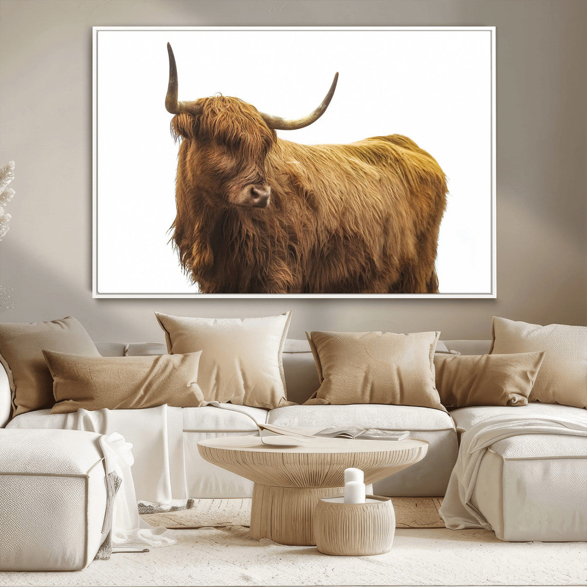 Highland Cow Wall Art Canvas Print, Framed Rustic Farmhouse Animal Portrait