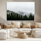 Misty Mountains Wall Art Canvas Print, Framed Foggy Forest Art, Snowy Peaks Landscape
