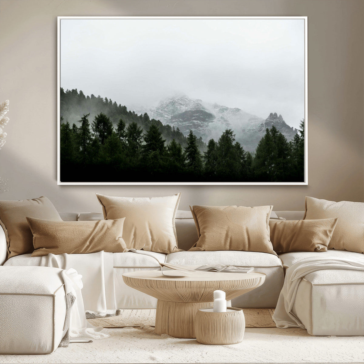 Misty Mountains Wall Art Canvas Print, Framed Foggy Forest Art, Snowy Peaks Landscape