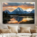 Mountain Sunset Wall Art Canvas Print, Framed Alpine Wilderness Art, Golden Hour Lake