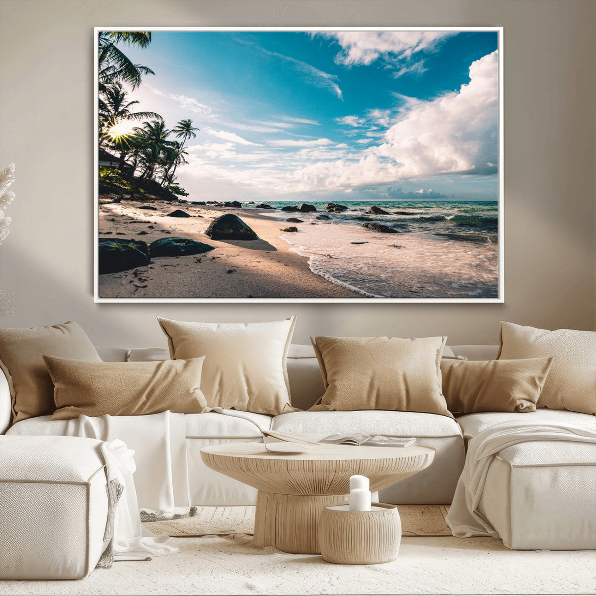 Tropical Beach Wall Art Canvas Print, Framed Ocean Waves Relaxing Seascape
