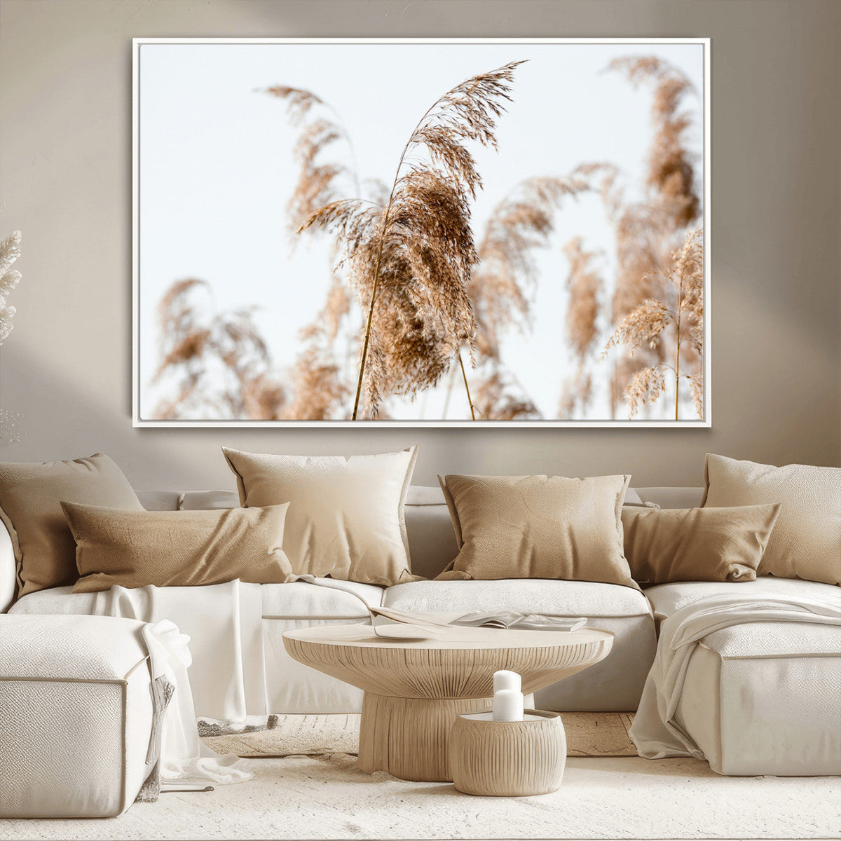 Pampas Grass Wall Art Canvas Print, Framed Neutral Tones Minimalist Boho