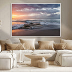 Golden Hour Wall Art Canvas Print, Framed Tranquil Waves Beach Sunset