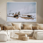 Bison Wildlife Wall Art Canvas Print, Framed Snowy Prairie Art, Western Landscape Decor