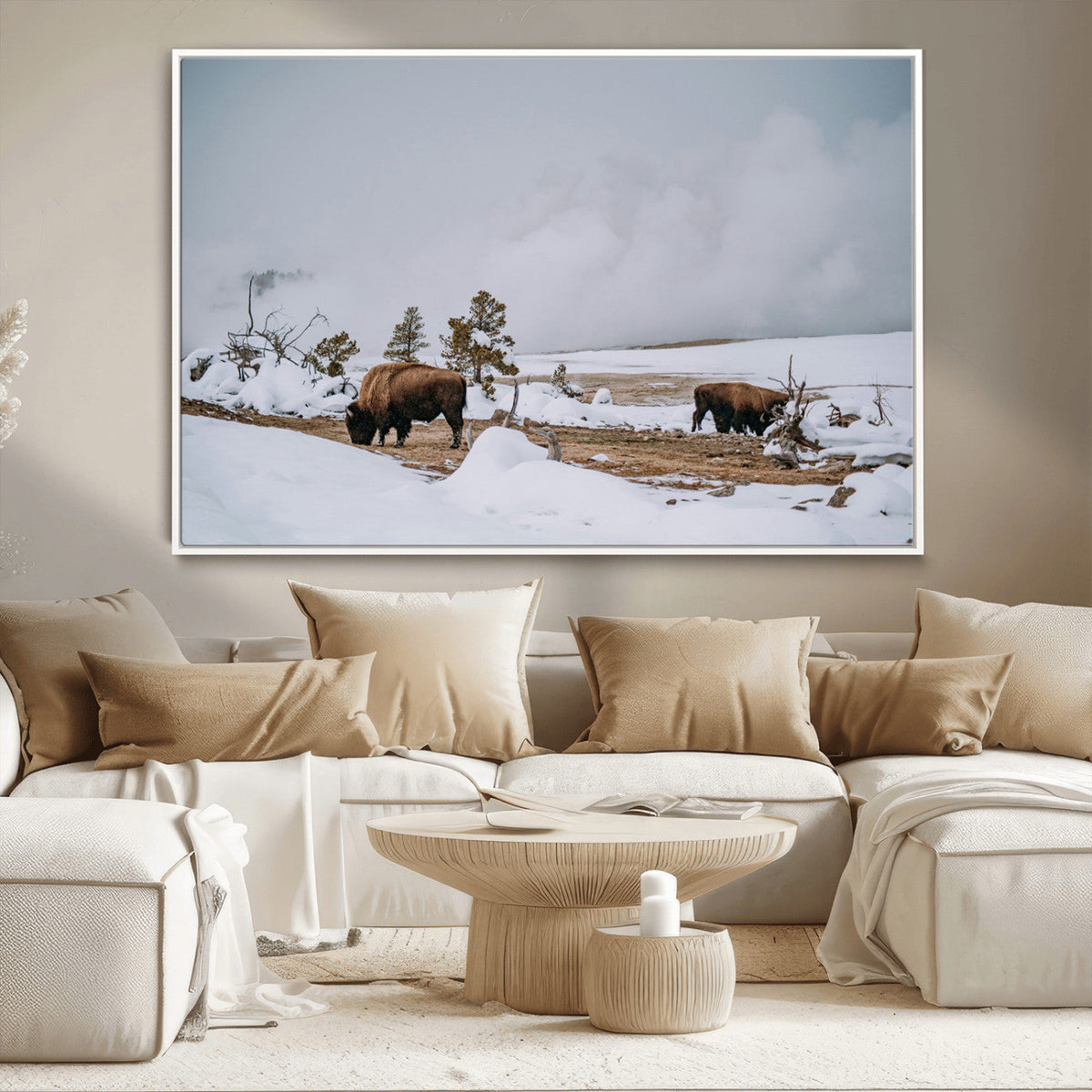 Bison Wildlife Wall Art Canvas Print, Framed Snowy Prairie Art, Western Landscape Decor