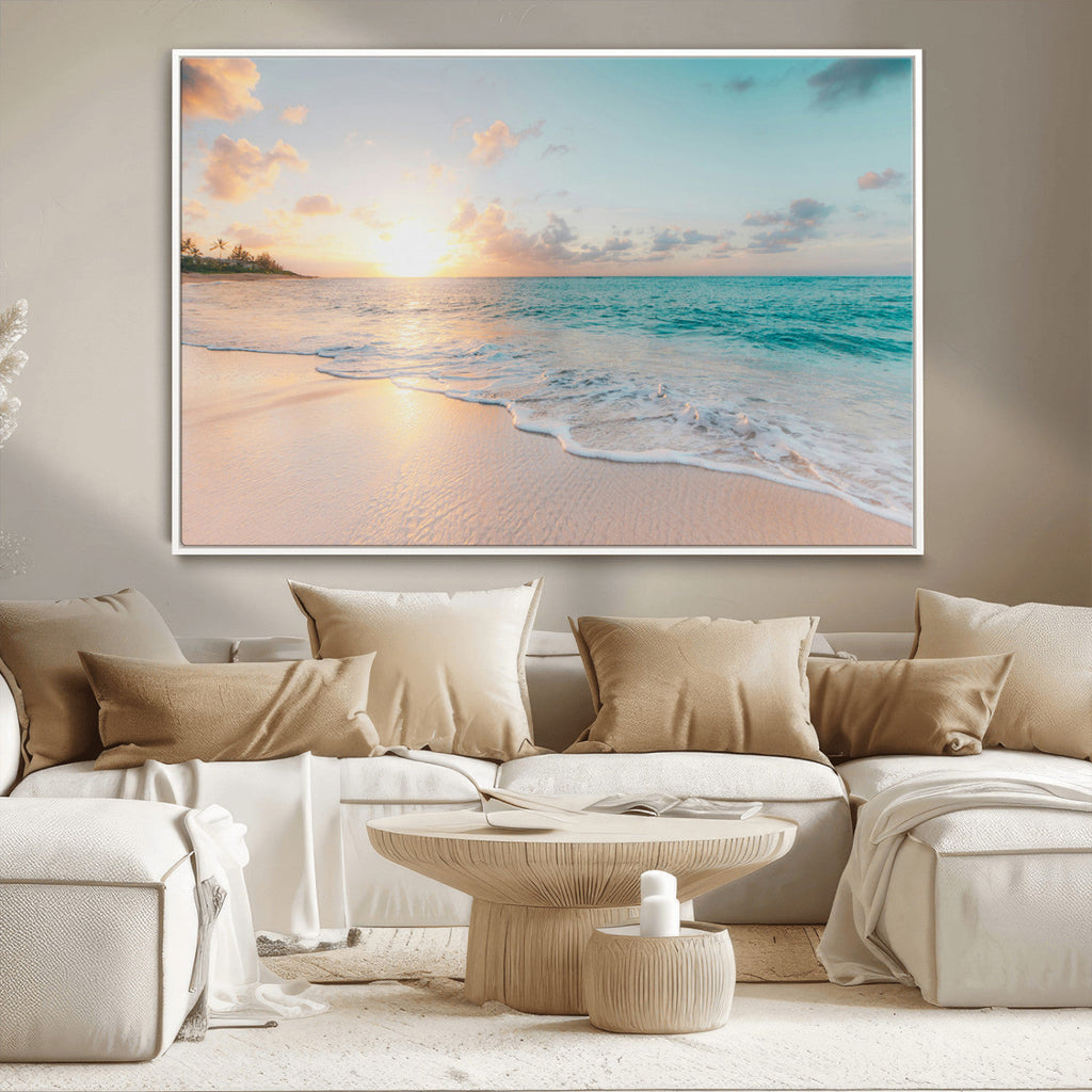 Beach Sunset Wall Art Canvas Print, Framed Ocean Waves Summer Escape