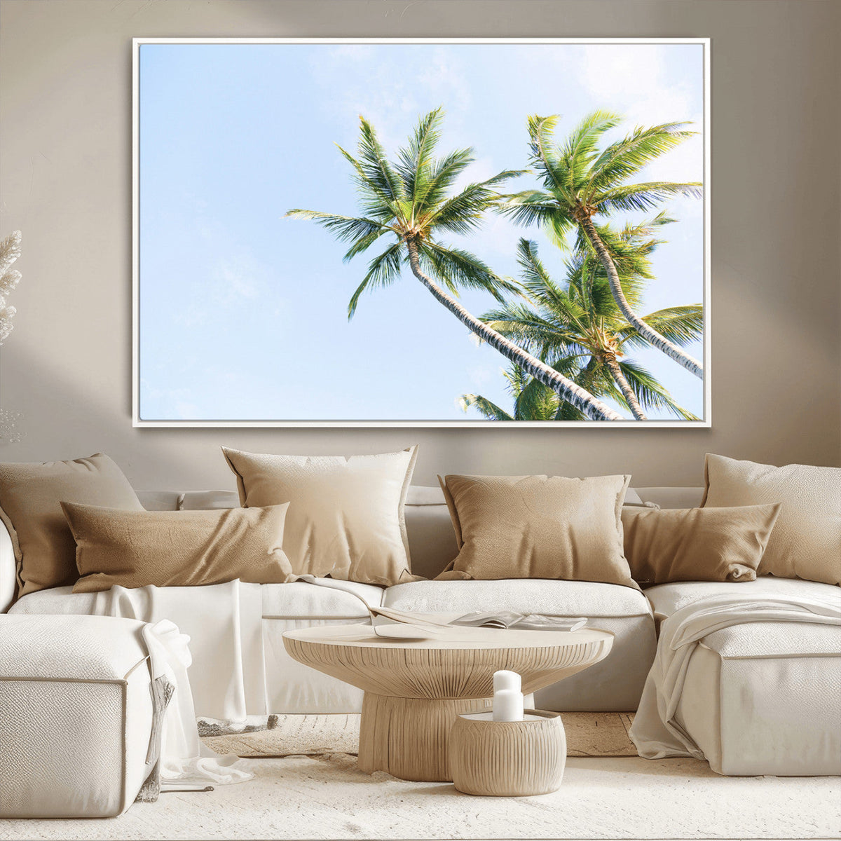 Palm Trees Wall Art Canvas Print, Framed Tropical Coastal Scene Under Blue Sky