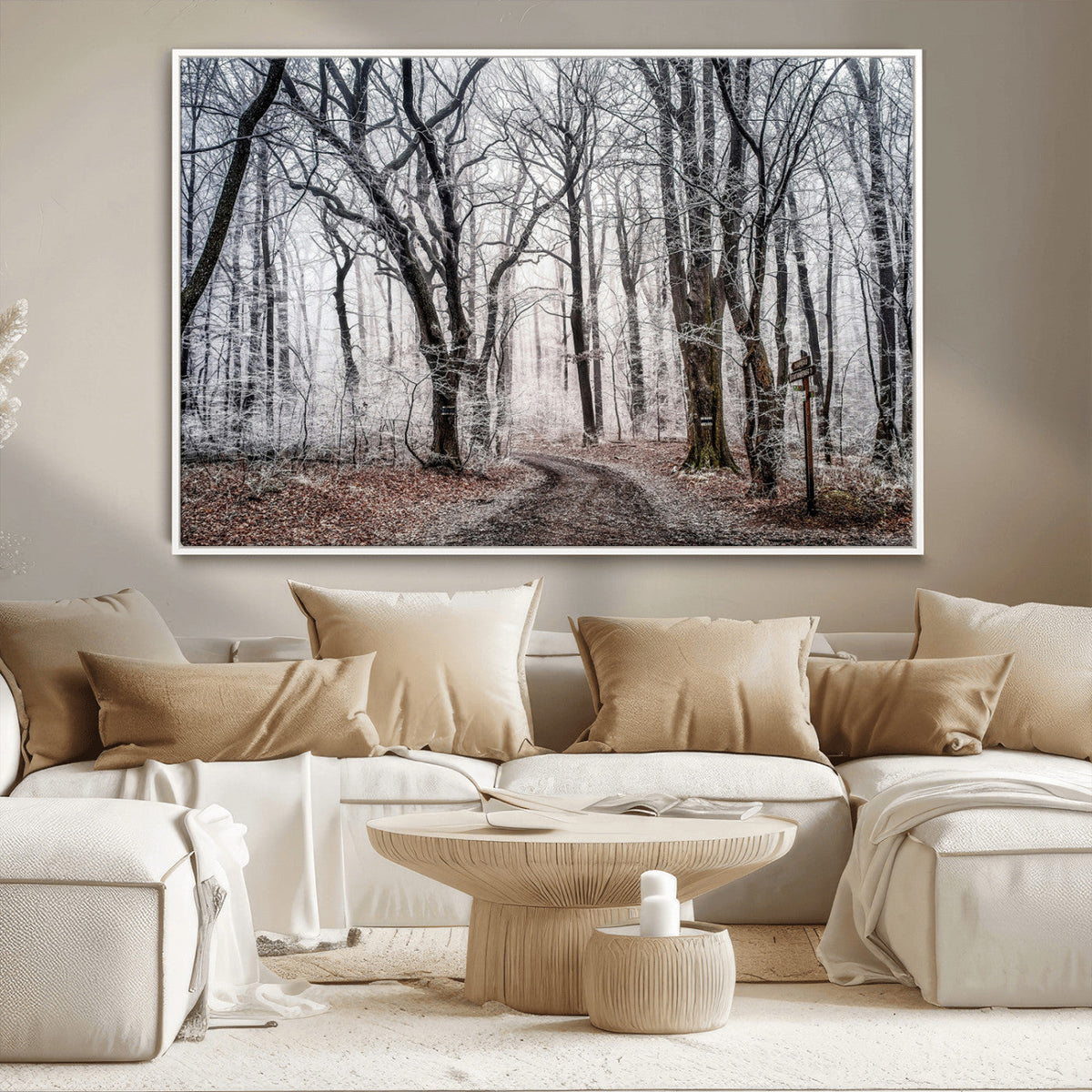 Winter Forest Wall Art Canvas Print, Framed Frosty Woodland with Misty Trees
