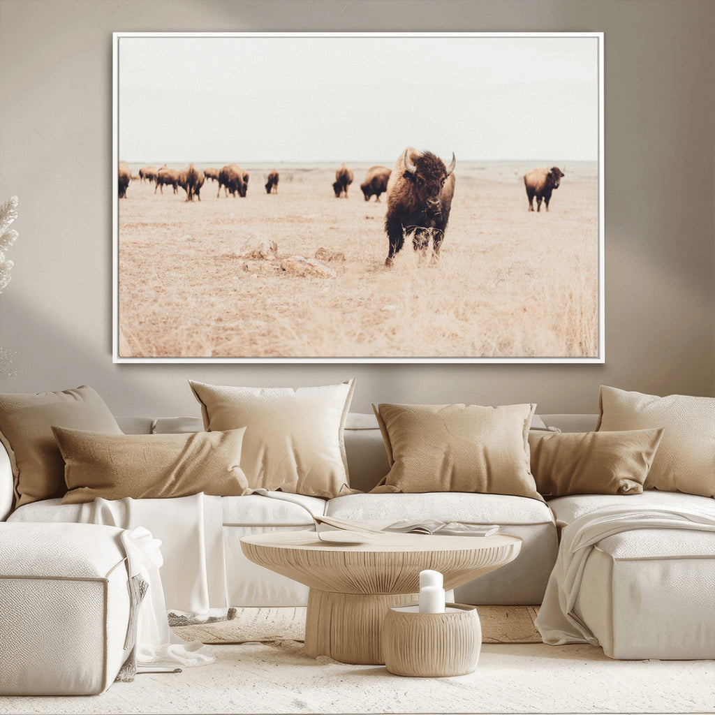 Bison Herd Wall Art Canvas Print, Framed Western Prairie Serenity