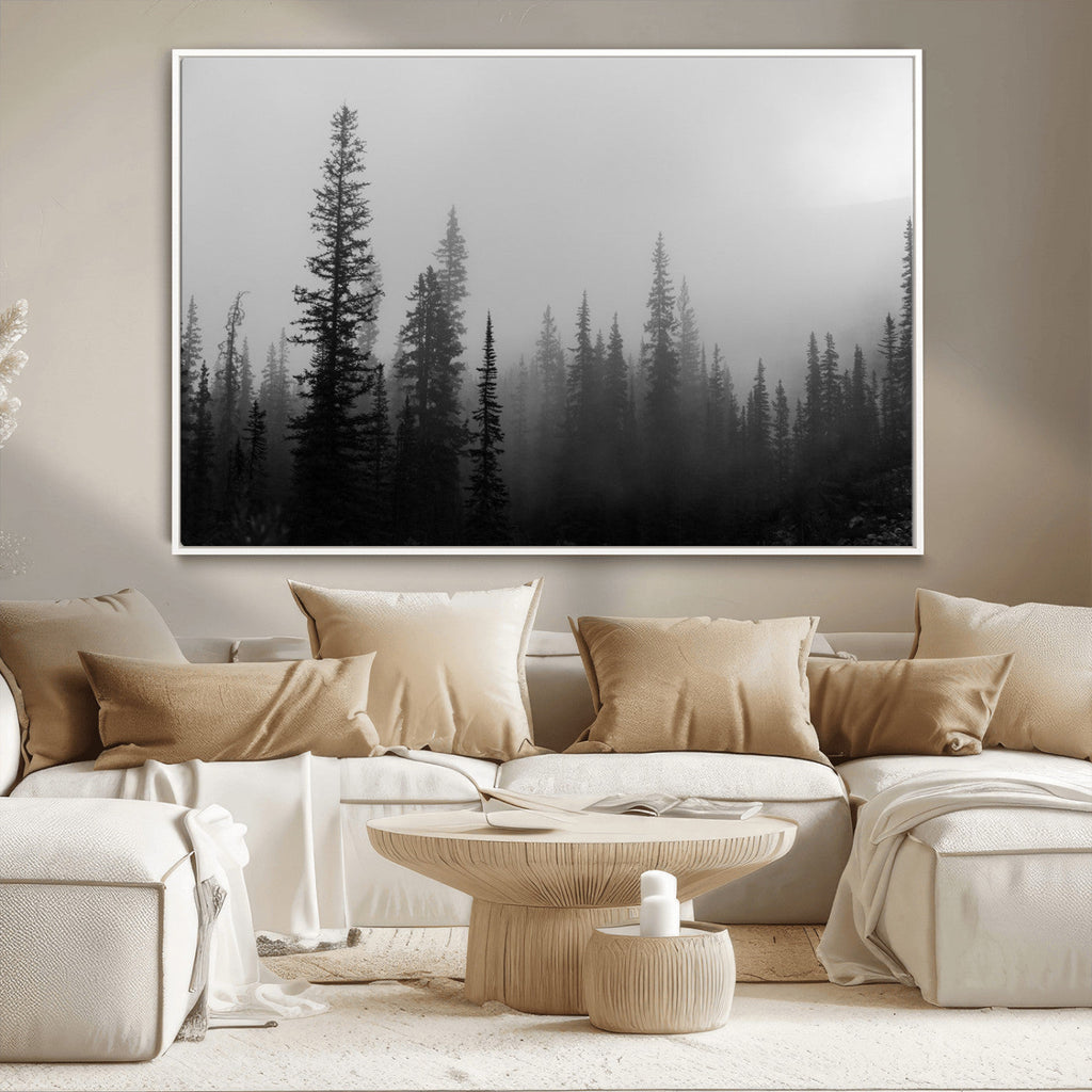 Misty Pines Wall Art Canvas Print, Framed Woodland Minimalist Black and White