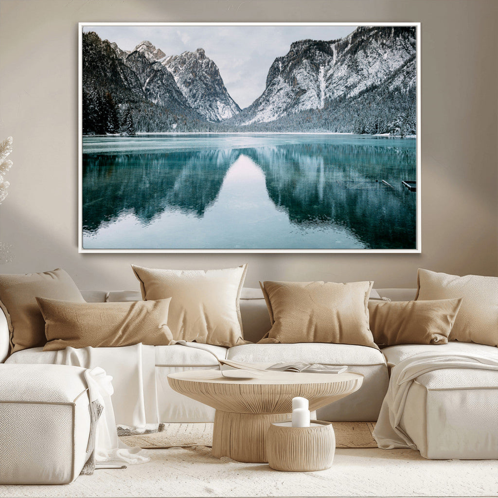 Mountain Lake Wall Art Canvas Print, Framed Toblacher See Winter Wonderland