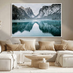 Mountain Lake Wall Art Canvas Print, Framed Toblacher See Winter Wonderland