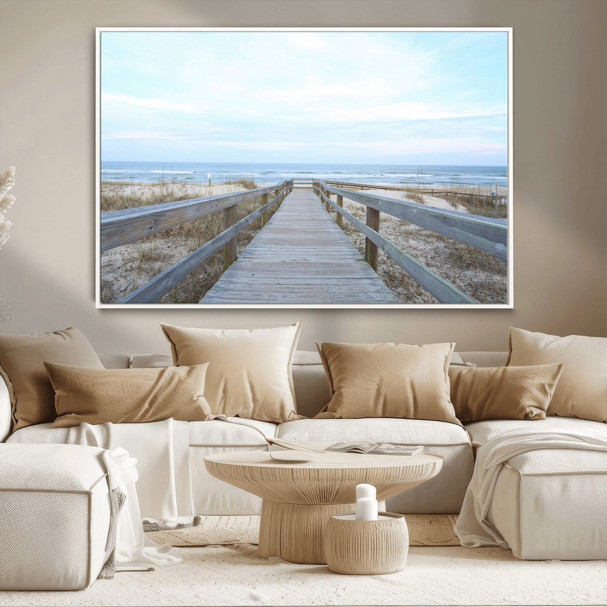 Beach Boardwalk Wall Art Canvas Print, Framed Coastal Serenity Ocean View