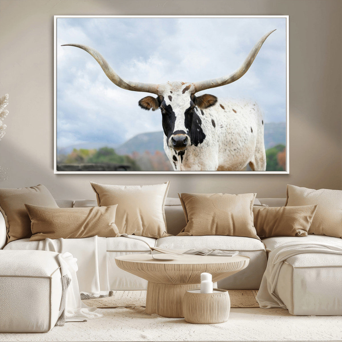 Texas Longhorn Wall Art Canvas Print, Framed Western Rustic Farmhouse