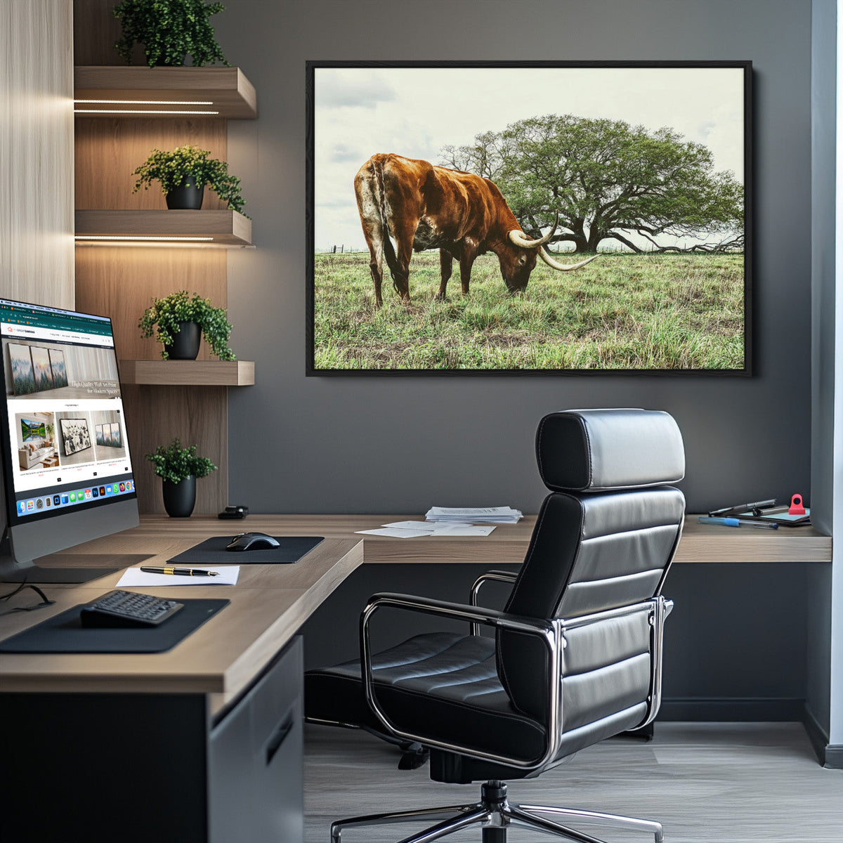 Texas Longhorn Wall Art Canvas Print, Rustic Western Ranch