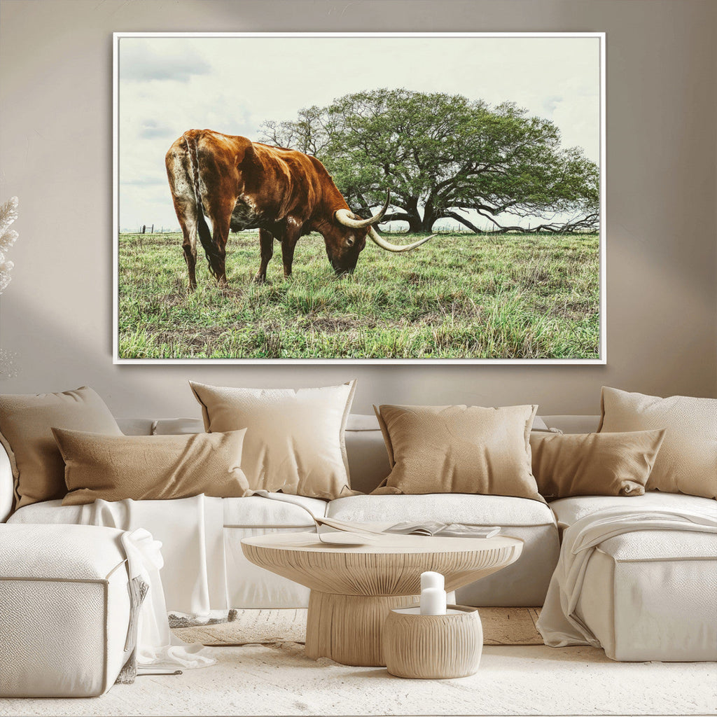 Texas Longhorn Wall Art Canvas Print, Framed Rustic Ranch Western Cattle