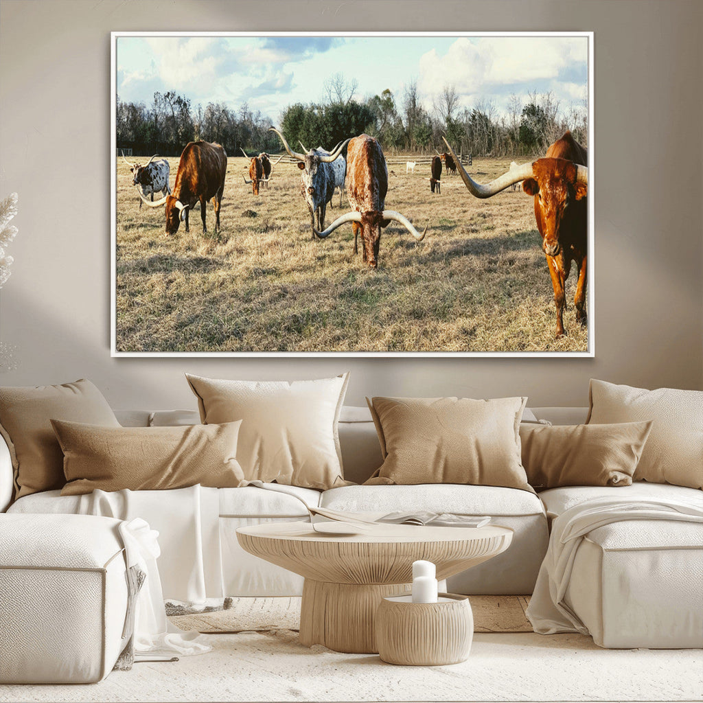 Texas Longhorns Wall Art Canvas Print, Framed Rustic Farm Scene Western Cattle