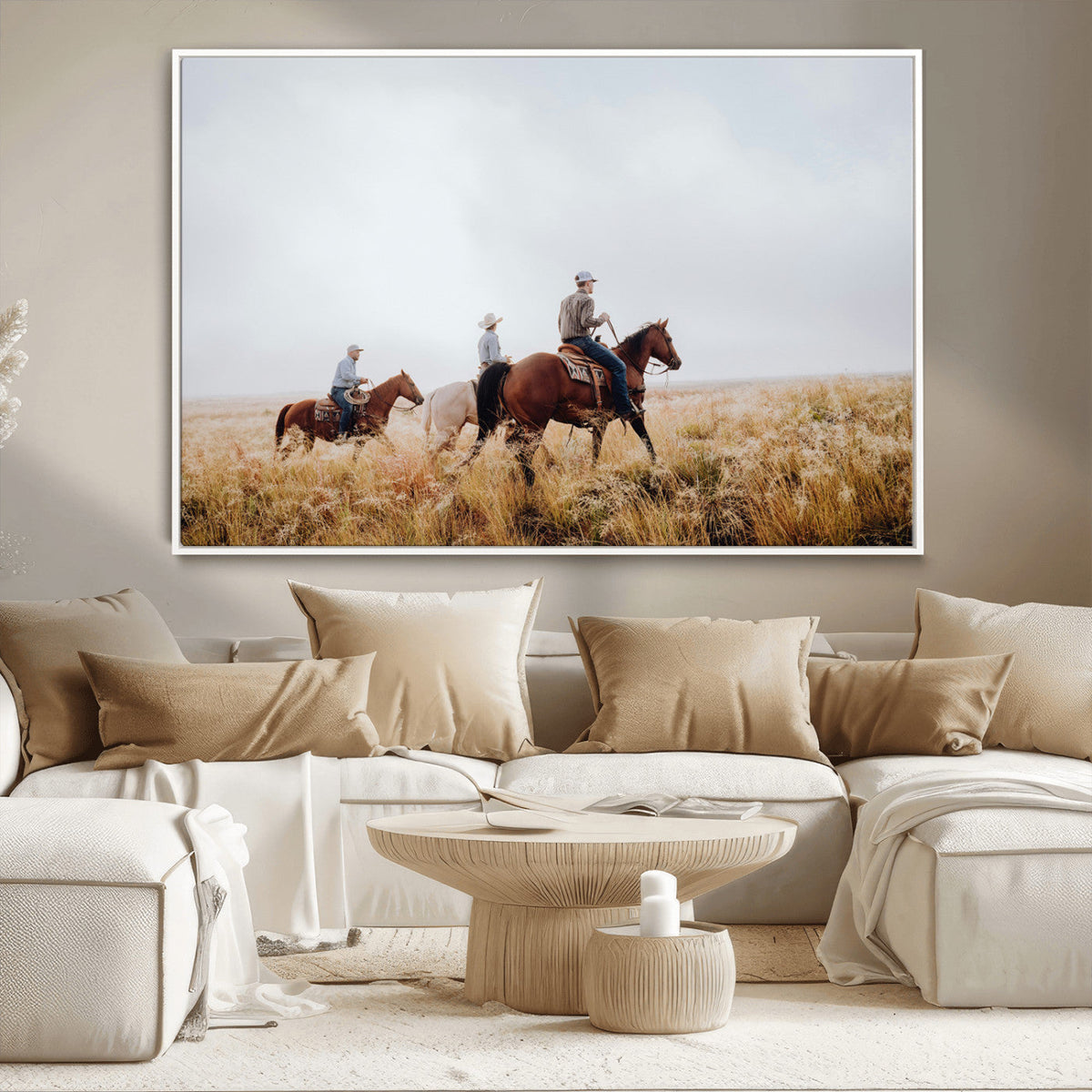 Western Cowboys Wall Art Canvas Print, Framed Horseback Riders on a Rustic Prairie