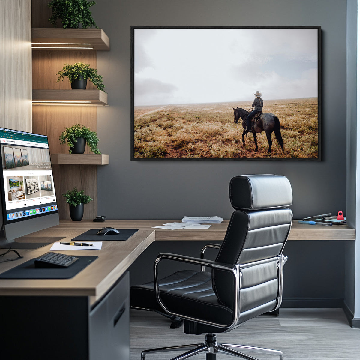 Cowboy Wall Art Canvas Print, Framed Western Rustic Ranch Scene