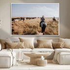 Western Wall Art Canvas Print, Framed Cowboy Cattle Drive Scene