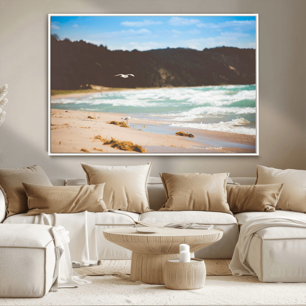 Tranquil Beach Wall Art Canvas Print, Framed Blue Ocean Waves on a Sandy Shore