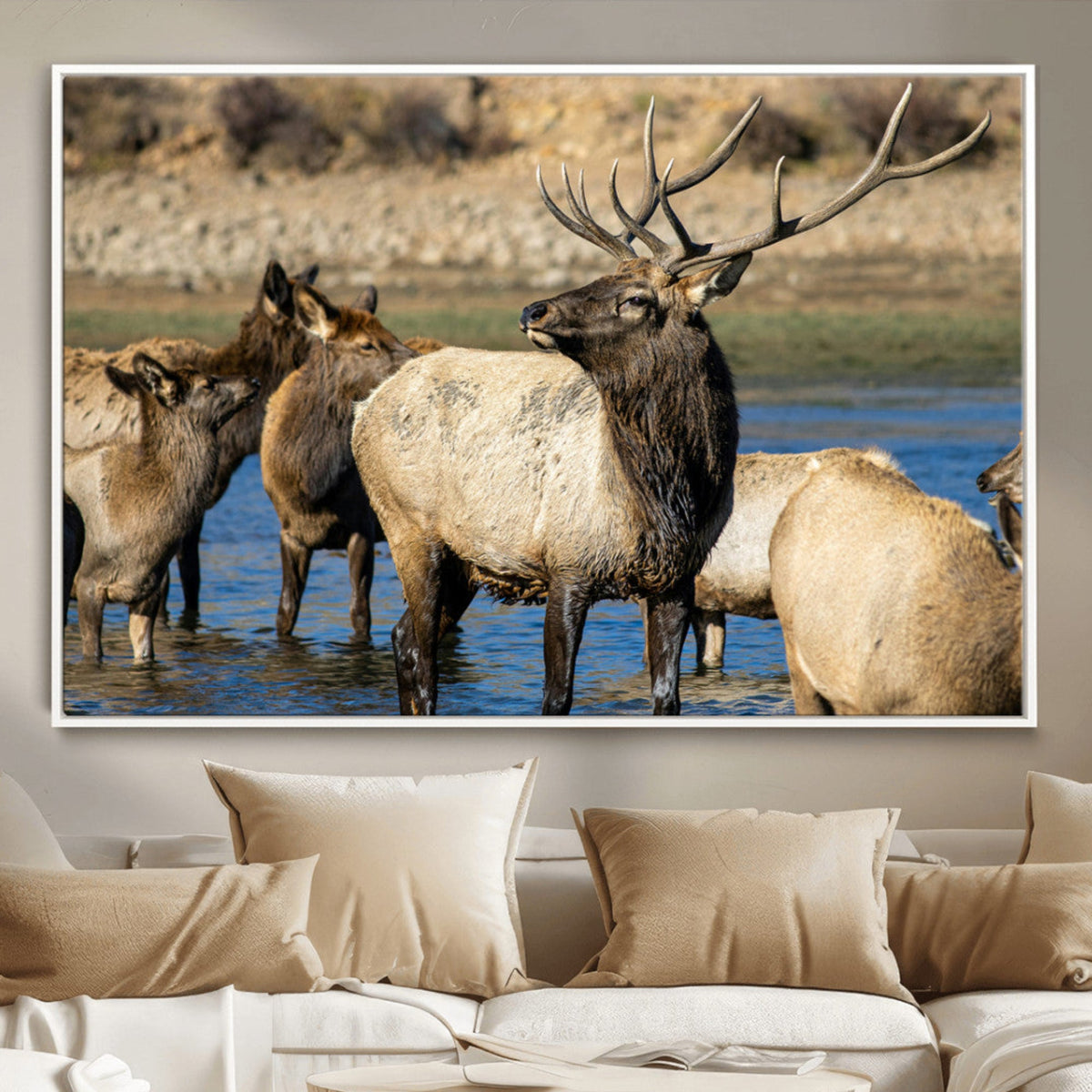Wild Elk Wall Art Canvas Print, Framed Neutral Wildlife Scene