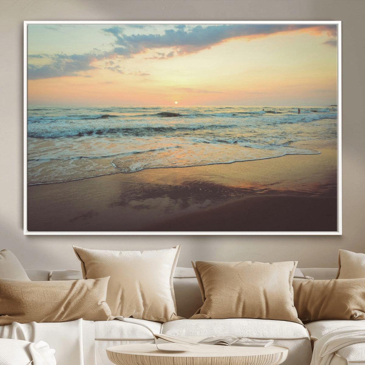 Sunset Seascape Wall Art Canvas Print, Framed Pastel Ocean View with Tranquil Shoreline