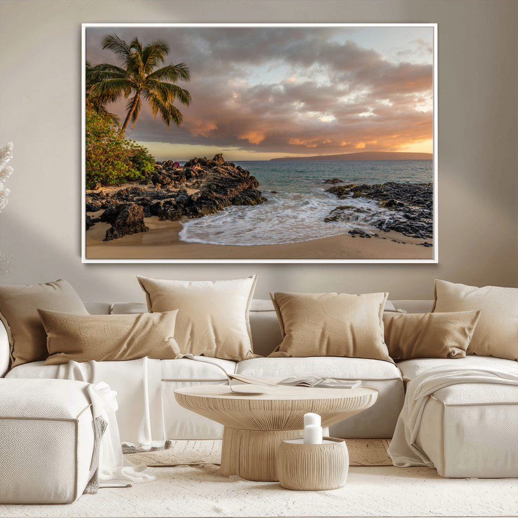 Tropical Beach Wall Art Canvas Print, Vibrant Hawaiian Sunset with Ocean Waves