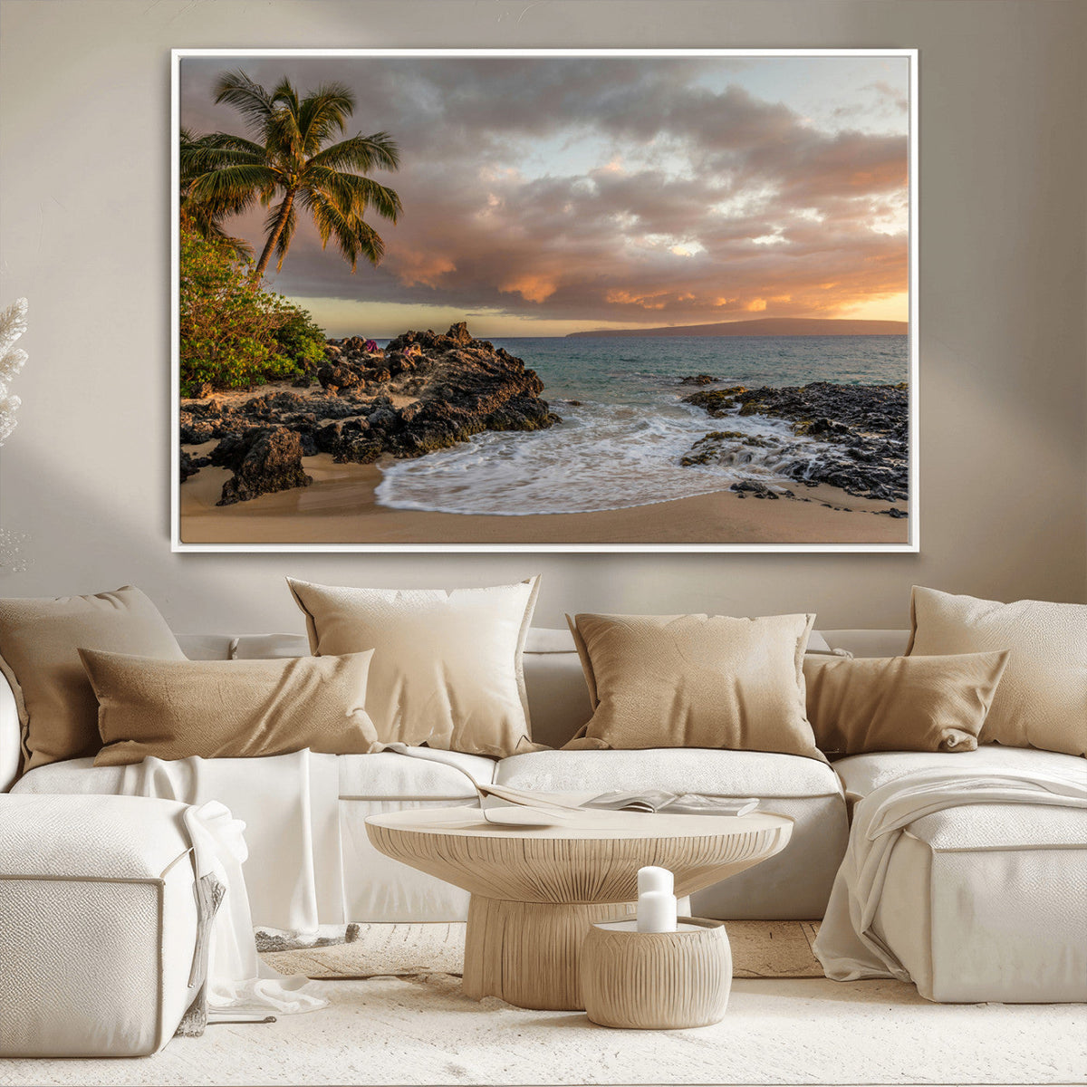 Tropical Beach Wall Art Canvas Print, Vibrant Hawaiian Sunset with Ocean Waves