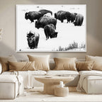 Buffalo Herd Wall Art Canvas Print, Framed Black and White Snowy Landscape