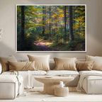 Autumn Forest Wall Art Canvas Print, Framed Fall Woodland with Golden Leaves