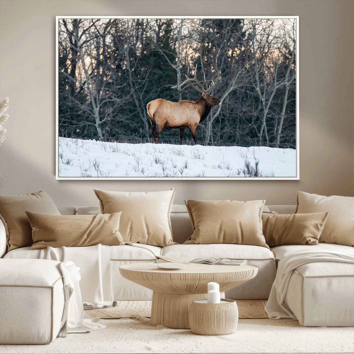 Wild Elk Wall Art Canvas Print, Framed Winter Wildlife in a Snowy Forest